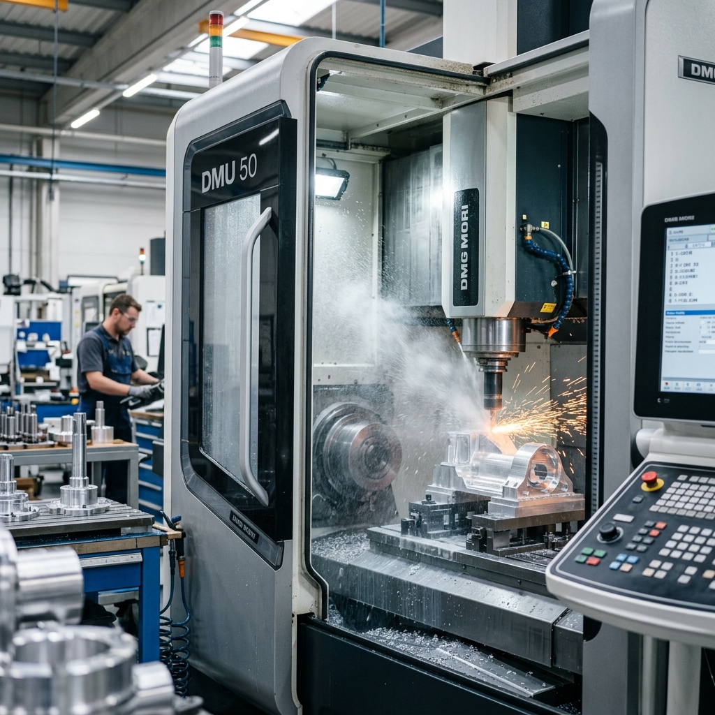 CNC Milling Machine in operation with coolant spray